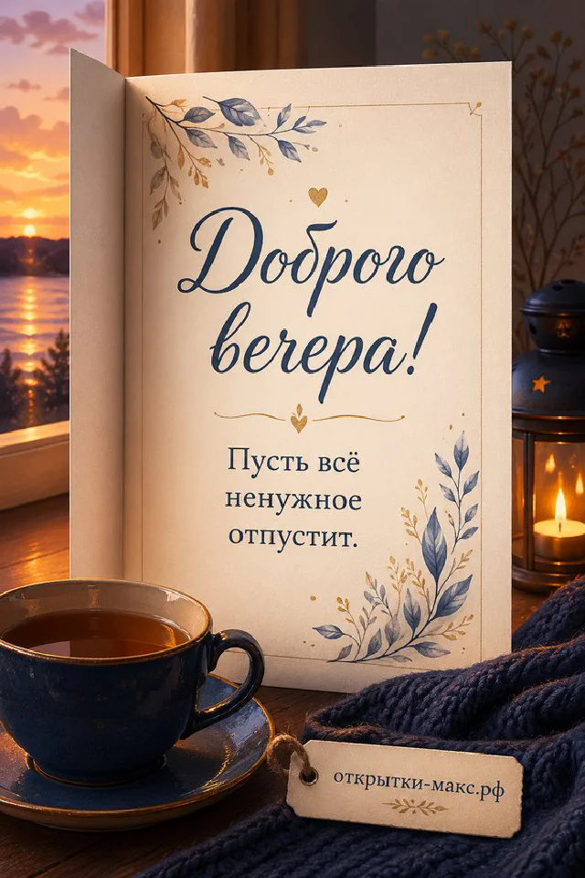 Кожаный ежедневник с ручкой, чашка чая и настольная лампа в янтарных тонах, надпись «Доброго вечера» — вариант 7