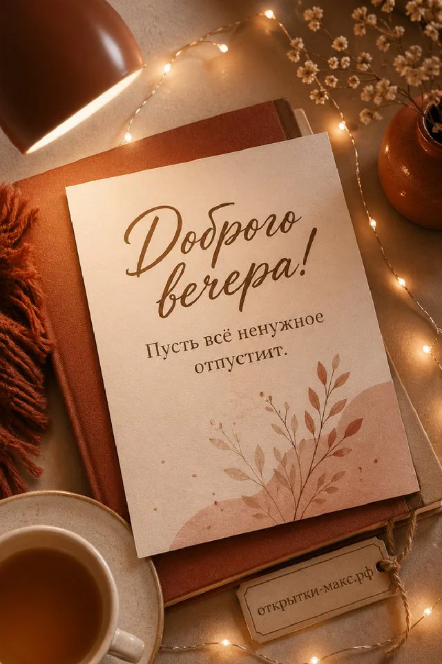 Кожаный ежедневник с ручкой, чашка чая и настольная лампа в янтарных тонах, надпись «Доброго вечера» — вариант 8