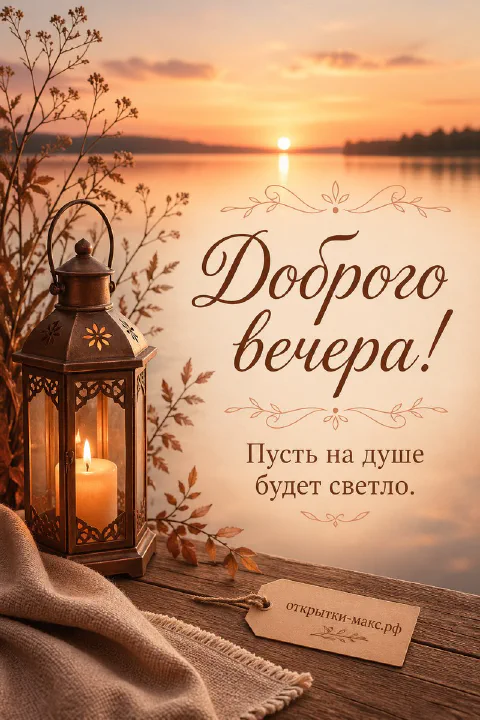 Бронзовый фонарь с горящей свечой на деревянном столике у озера на фоне золотого заката, надпись «Доброго вечера»