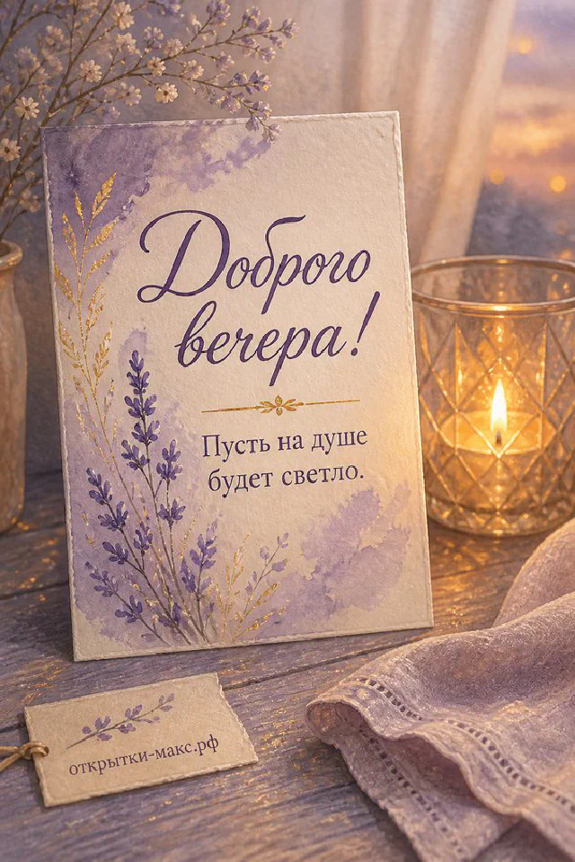 Бронзовый фонарь с горящей свечой на деревянном столике у озера на фоне золотого заката, надпись «Доброго вечера» — вариант 2