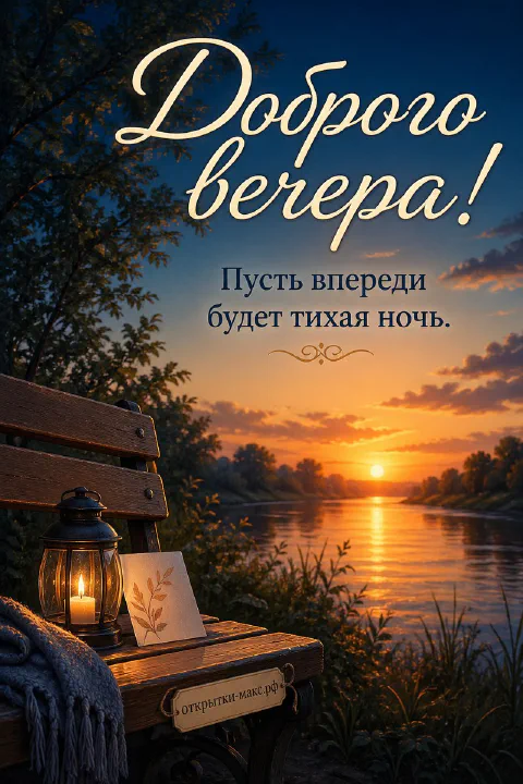 Деревянная скамейка с горящим фонарём и открыткой у реки на фоне огненного заката, надпись «Доброго вечера»