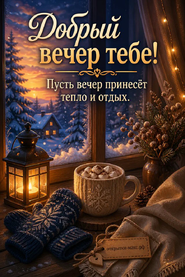 Кружка горячего какао с зефирками у зимнего окна, рядом варежки и фонарь со свечой — вариант 4