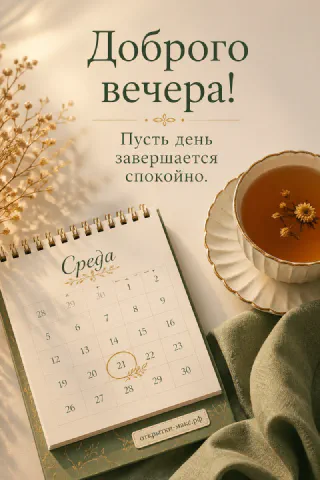 Настольный календарь открытый на среде с чашкой ромашкового чая рядом, надпись «Доброго вечера»