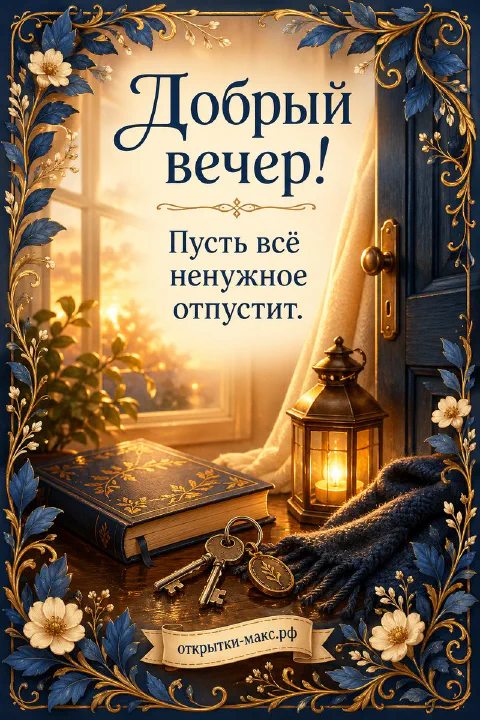 Книга, ключи и латунный фонарь в рамке из синих цветов, открытка Добрый вечер