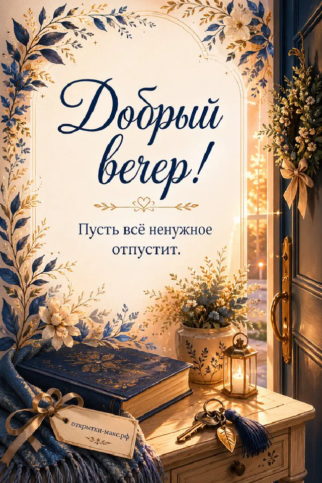 Книга, ключи и латунный фонарь в рамке из синих цветов, открытка Добрый вечер — вариант 2