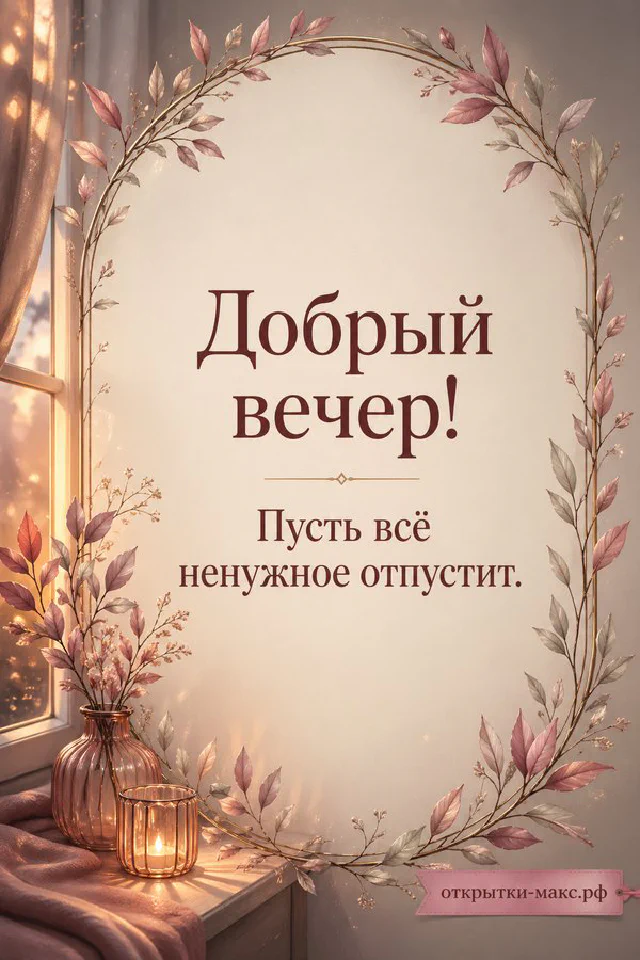 Книга, ключи и латунный фонарь в рамке из синих цветов, открытка Добрый вечер — вариант 3