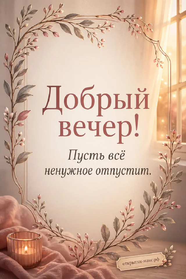 Книга, ключи и латунный фонарь в рамке из синих цветов, открытка Добрый вечер — вариант 4