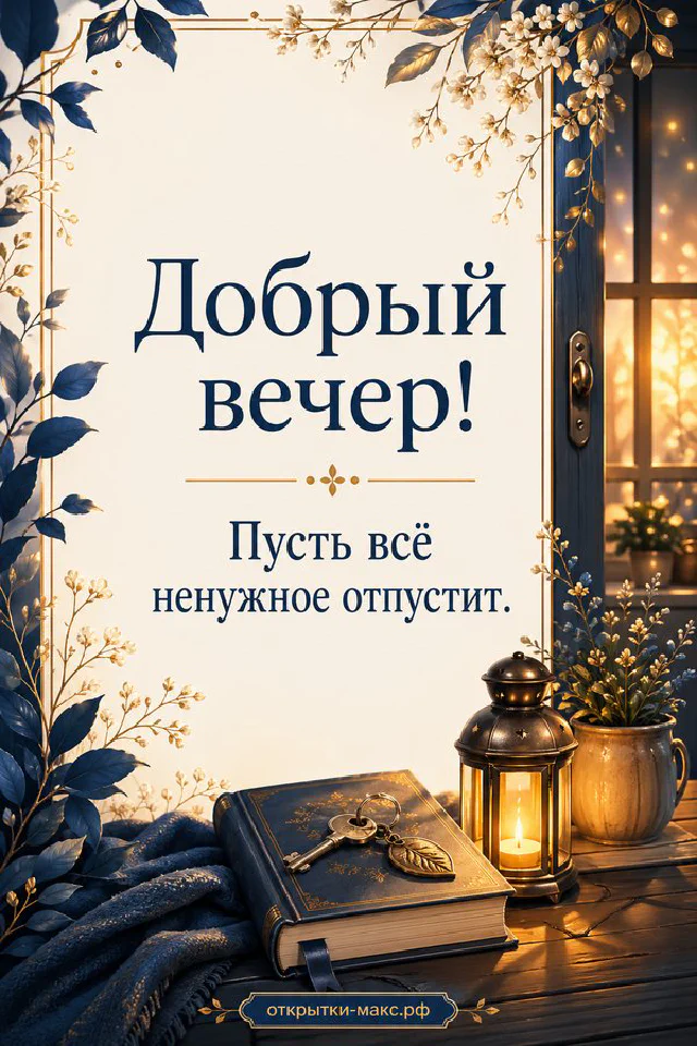 Книга, ключи и латунный фонарь в рамке из синих цветов, открытка Добрый вечер — вариант 5