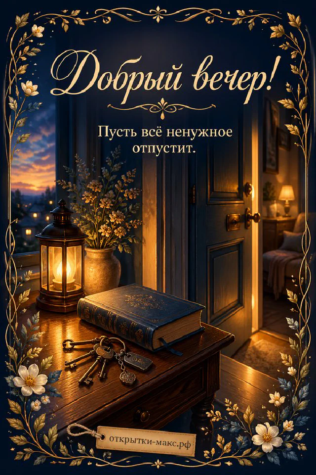 Книга, ключи и латунный фонарь в рамке из синих цветов, открытка Добрый вечер — вариант 6