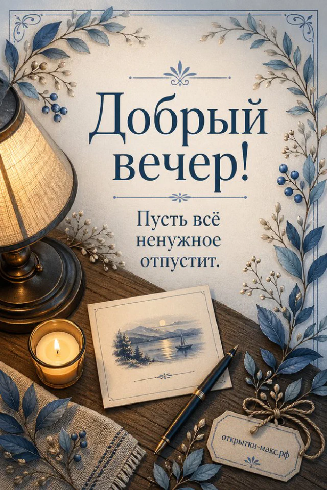 Книга, ключи и латунный фонарь в рамке из синих цветов, открытка Добрый вечер — вариант 7