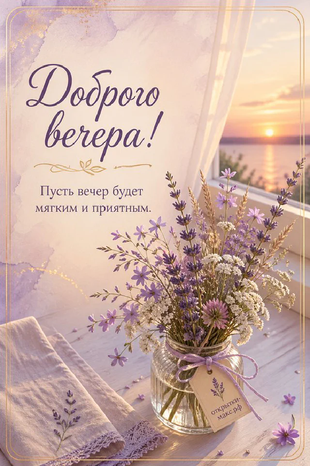 Тёмно-синяя открытка с книгой, старинными ключами и горящим фонарём, надпись «Доброго вечера» — вариант 2