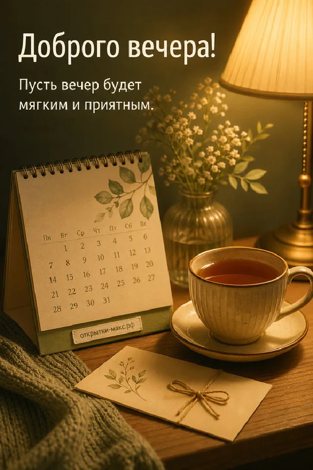 Тёмно-синяя открытка с книгой, старинными ключами и горящим фонарём, надпись «Доброго вечера» — вариант 3