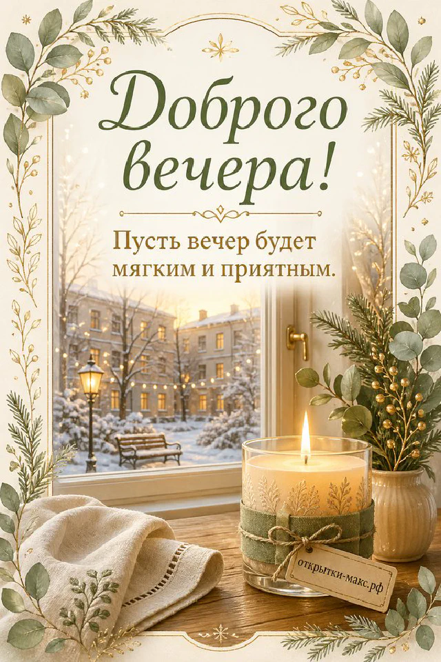Тёмно-синяя открытка с книгой, старинными ключами и горящим фонарём, надпись «Доброго вечера» — вариант 4