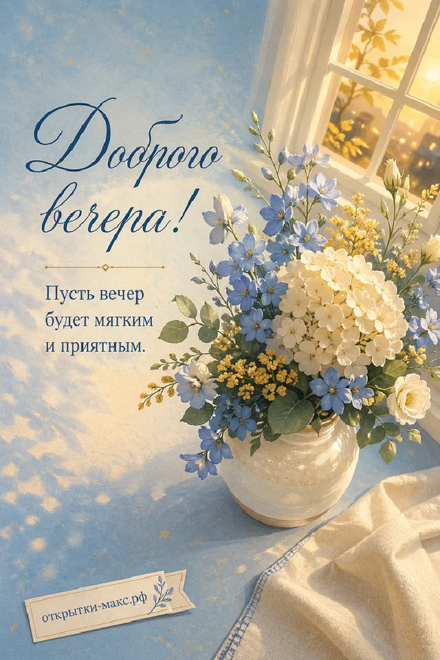 Тёмно-синяя открытка с книгой, старинными ключами и горящим фонарём, надпись «Доброго вечера» — вариант 5