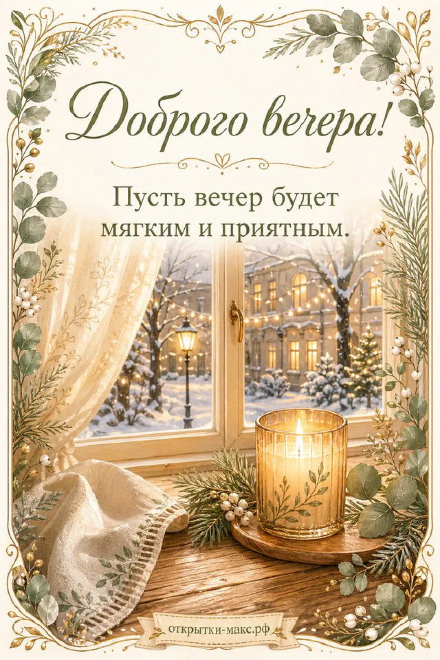 Тёмно-синяя открытка с книгой, старинными ключами и горящим фонарём, надпись «Доброго вечера» — вариант 6