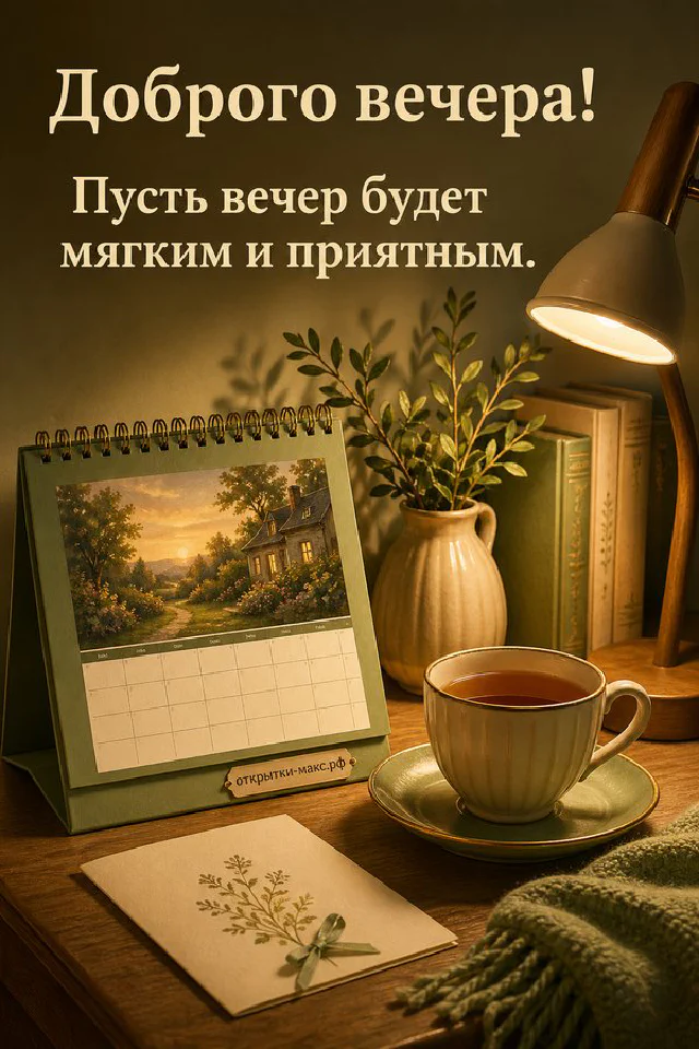 Тёмно-синяя открытка с книгой, старинными ключами и горящим фонарём, надпись «Доброго вечера» — вариант 7