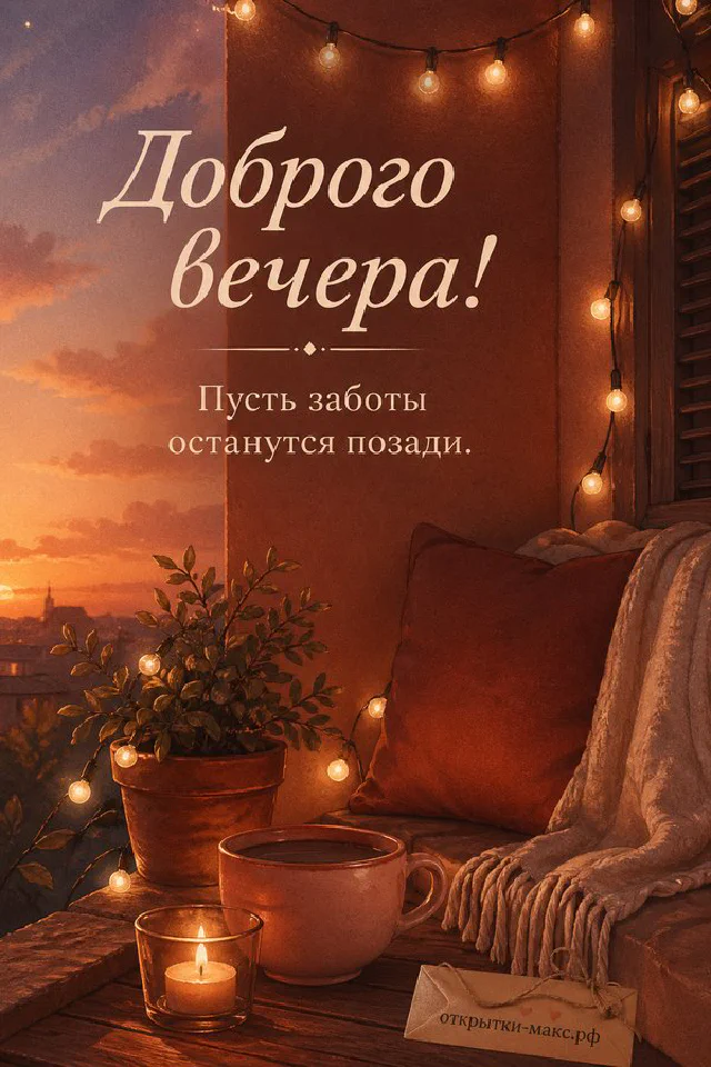 Книга с закладкой и настольная лампа на столе у окна с городским закатом, надпись «Доброго вечера» — вариант 2