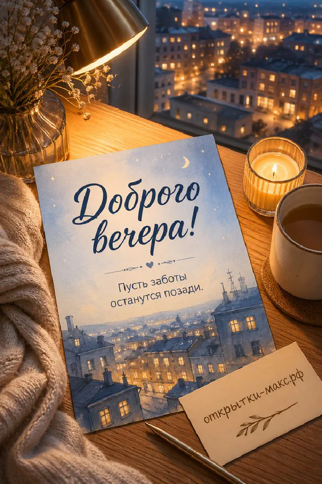 Книга с закладкой и настольная лампа на столе у окна с городским закатом, надпись «Доброго вечера» — вариант 3