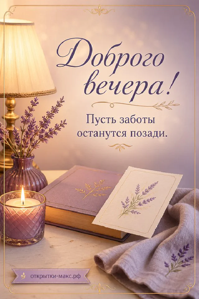 Книга с закладкой и настольная лампа на столе у окна с городским закатом, надпись «Доброго вечера» — вариант 4