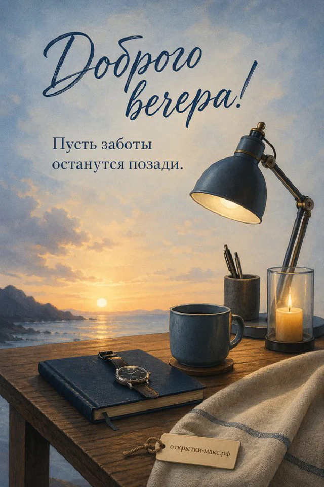 Книга с закладкой и настольная лампа на столе у окна с городским закатом, надпись «Доброго вечера» — вариант 5