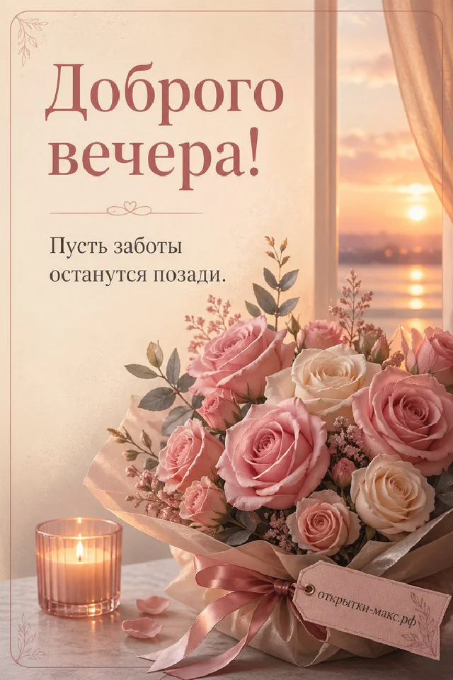 Книга с закладкой и настольная лампа на столе у окна с городским закатом, надпись «Доброго вечера» — вариант 6