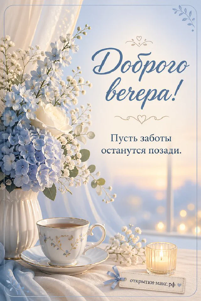 Книга с закладкой и настольная лампа на столе у окна с городским закатом, надпись «Доброго вечера» — вариант 7