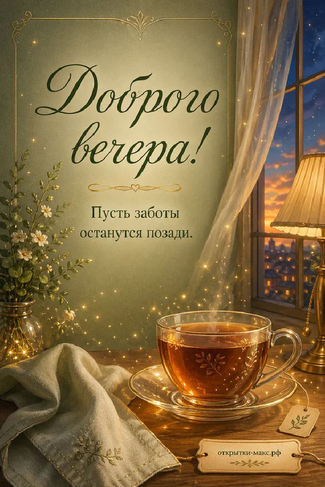 Книга с закладкой и настольная лампа на столе у окна с городским закатом, надпись «Доброго вечера» — вариант 8