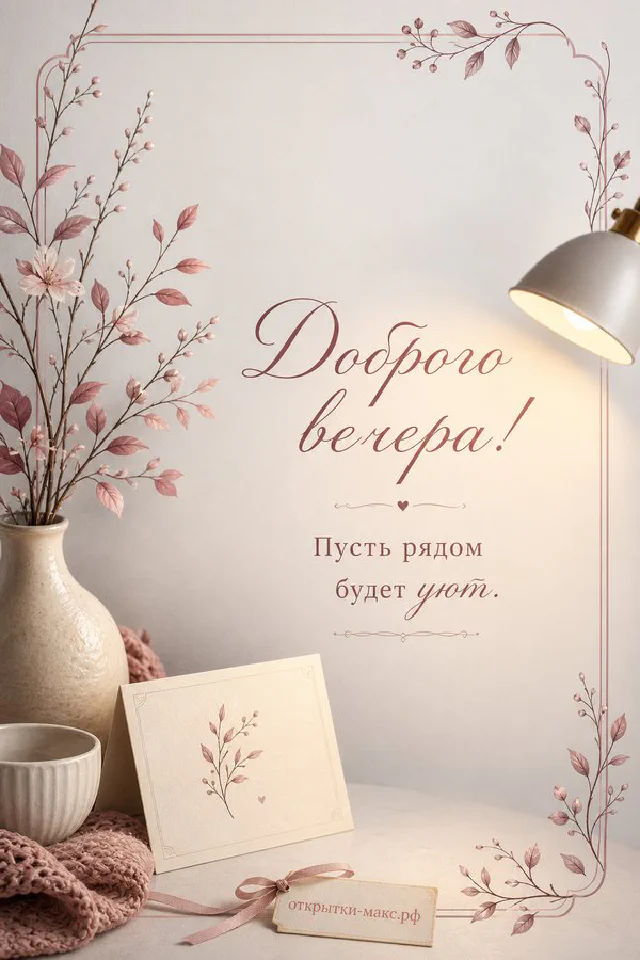 Книга в лиловой обложке, лиловая свеча в стакане и ветки лаванды на столе, надпись «Доброго вечера» — вариант 2