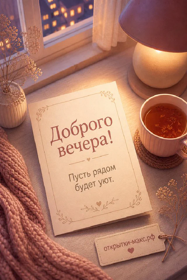 Книга в лиловой обложке, лиловая свеча в стакане и ветки лаванды на столе, надпись «Доброго вечера» — вариант 3