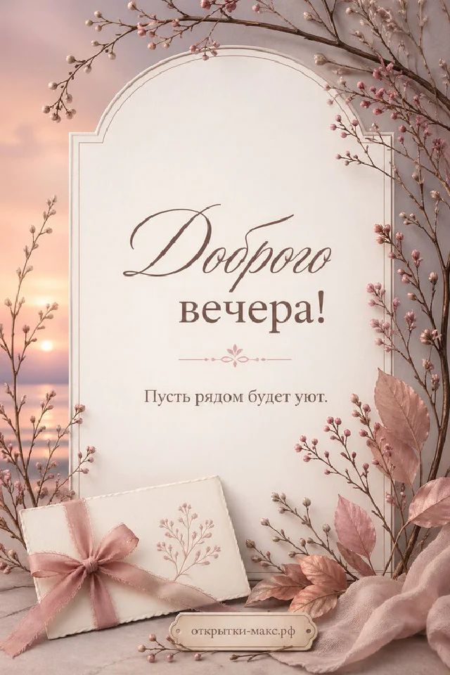 Книга в лиловой обложке, лиловая свеча в стакане и ветки лаванды на столе, надпись «Доброго вечера» — вариант 4