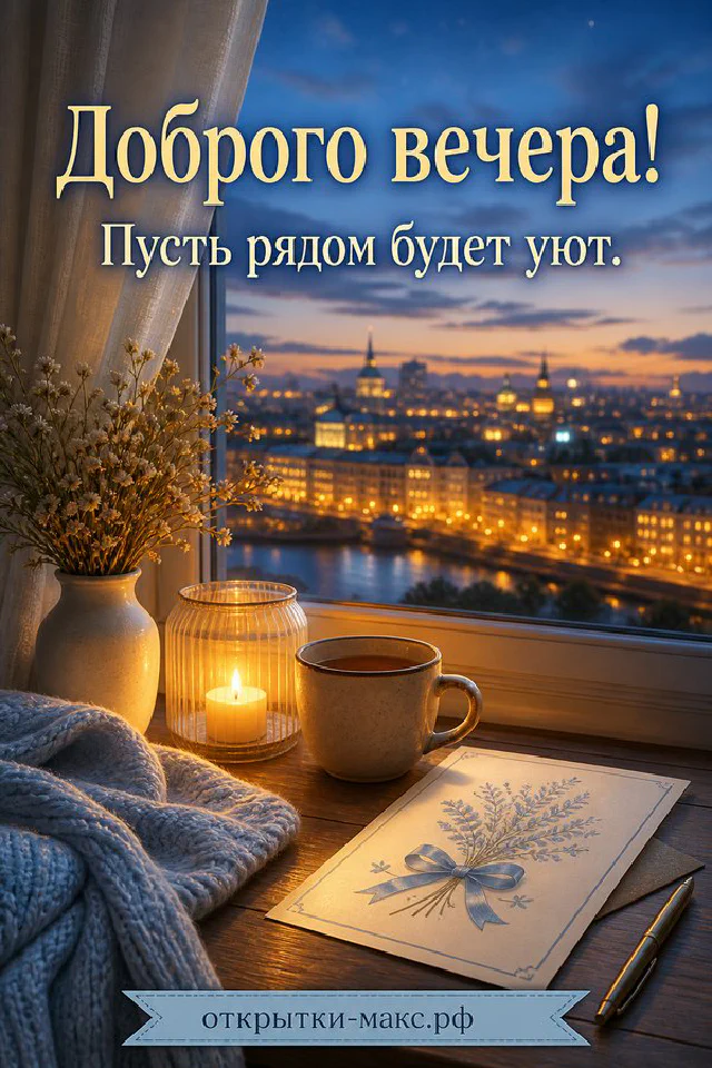 Книга в лиловой обложке, лиловая свеча в стакане и ветки лаванды на столе, надпись «Доброго вечера» — вариант 5