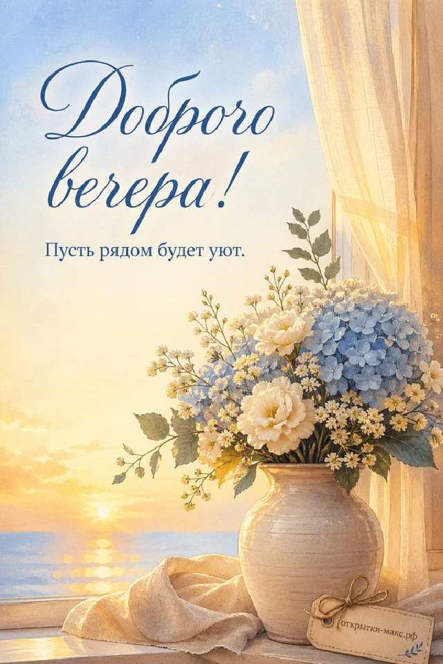 Книга в лиловой обложке, лиловая свеча в стакане и ветки лаванды на столе, надпись «Доброго вечера» — вариант 6
