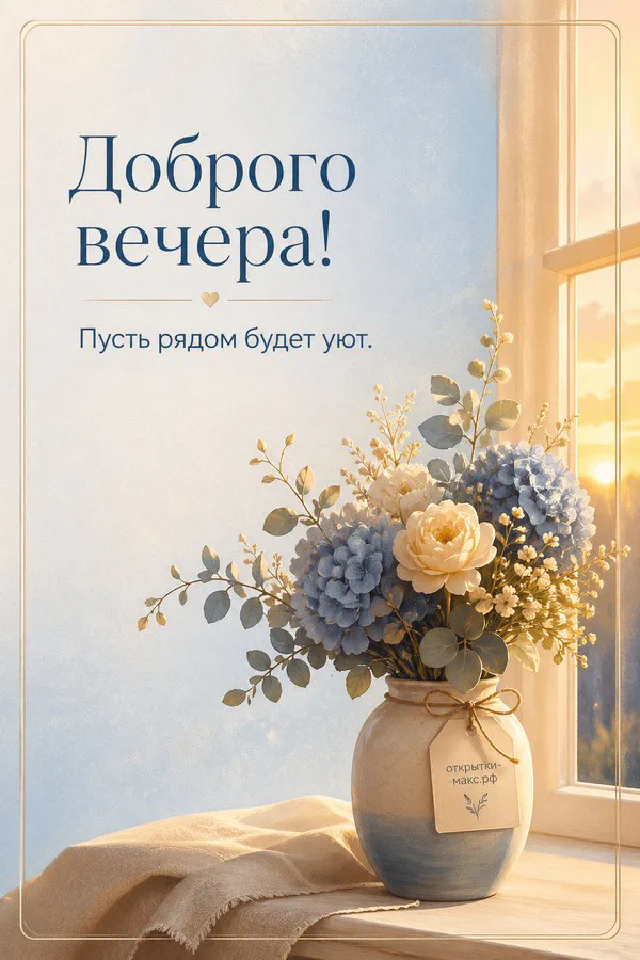 Книга в лиловой обложке, лиловая свеча в стакане и ветки лаванды на столе, надпись «Доброго вечера» — вариант 7