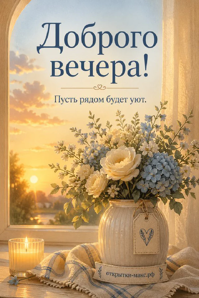 Книга в лиловой обложке, лиловая свеча в стакане и ветки лаванды на столе, надпись «Доброго вечера» — вариант 8