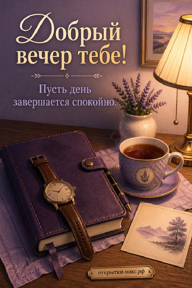 Лиловый ежедневник с растительным принтом, горящая свеча в стакане и букетик лаванды рядом с торшером — вариант 4