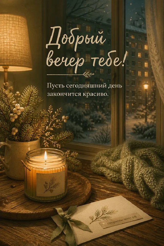 Раскрытая книга с текстом пожелания доброго вечера, рядом чашка чая и синие цветы в стакане у горящей свечи — вариант 2