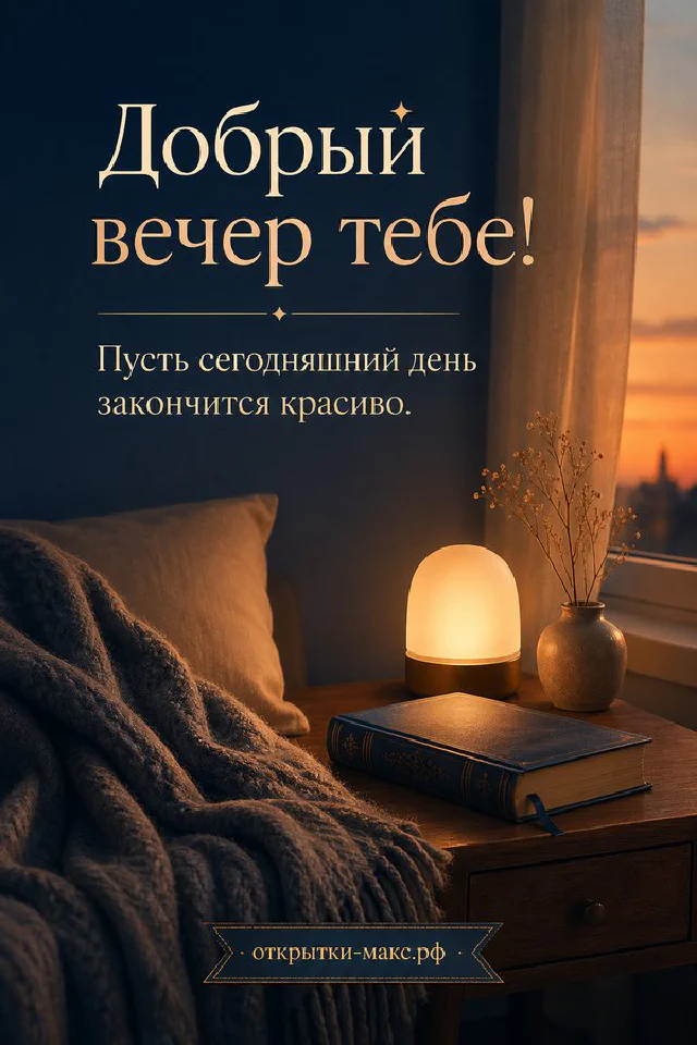 Раскрытая книга с текстом пожелания доброго вечера, рядом чашка чая и синие цветы в стакане у горящей свечи — вариант 3
