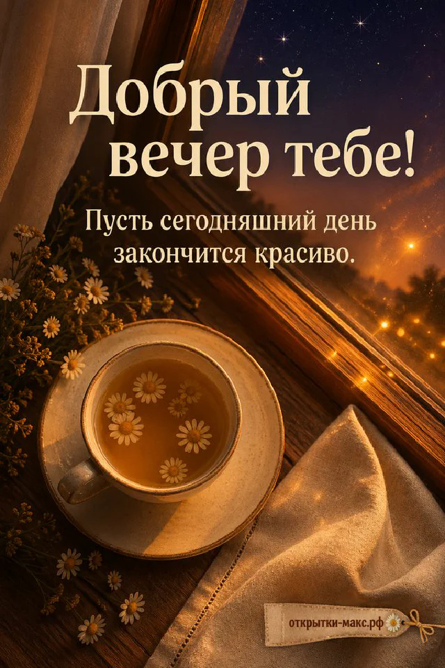 Раскрытая книга с текстом пожелания доброго вечера, рядом чашка чая и синие цветы в стакане у горящей свечи — вариант 4