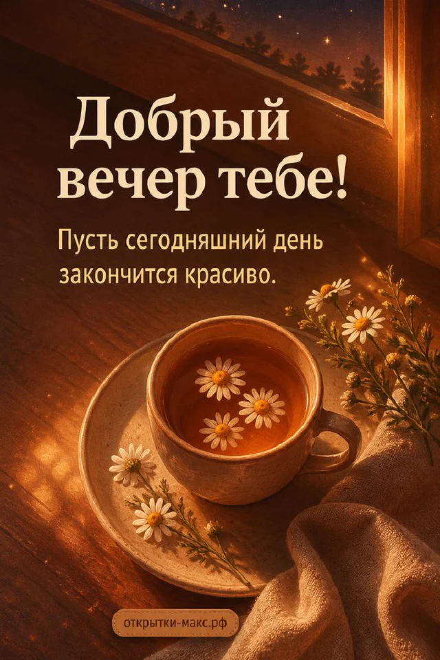 Раскрытая книга с текстом пожелания доброго вечера, рядом чашка чая и синие цветы в стакане у горящей свечи — вариант 5