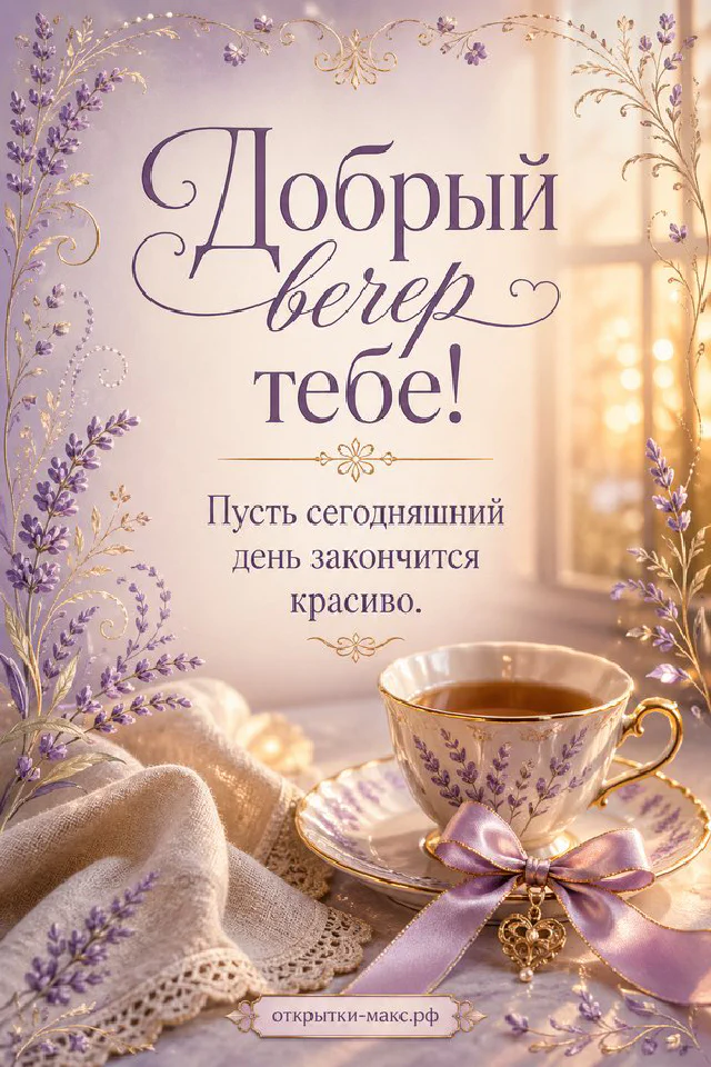 Раскрытая книга с текстом пожелания доброго вечера, рядом чашка чая и синие цветы в стакане у горящей свечи — вариант 6