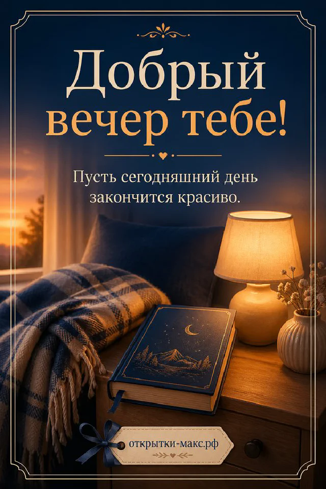 Раскрытая книга с текстом пожелания доброго вечера, рядом чашка чая и синие цветы в стакане у горящей свечи — вариант 7