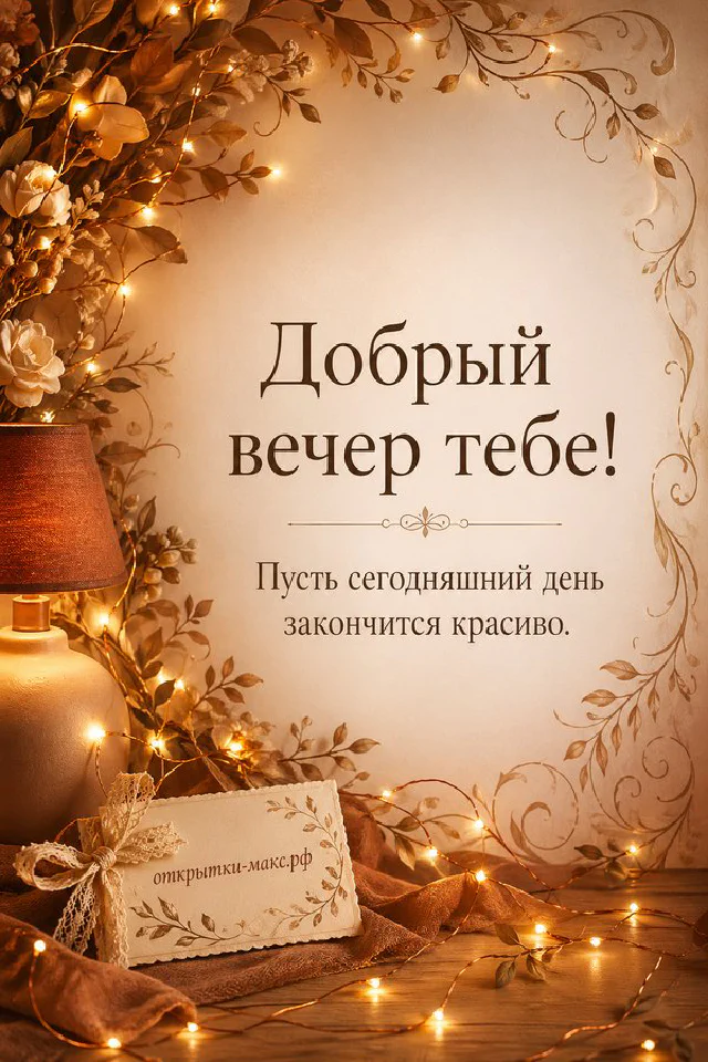 Раскрытая книга с текстом пожелания доброго вечера, рядом чашка чая и синие цветы в стакане у горящей свечи — вариант 8
