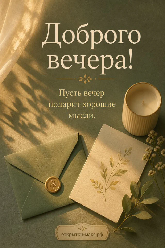 Зелёный конверт с восковой печатью, свеча и настольная лампа на деревянном столе, надпись «Доброго вечера» — вариант 2