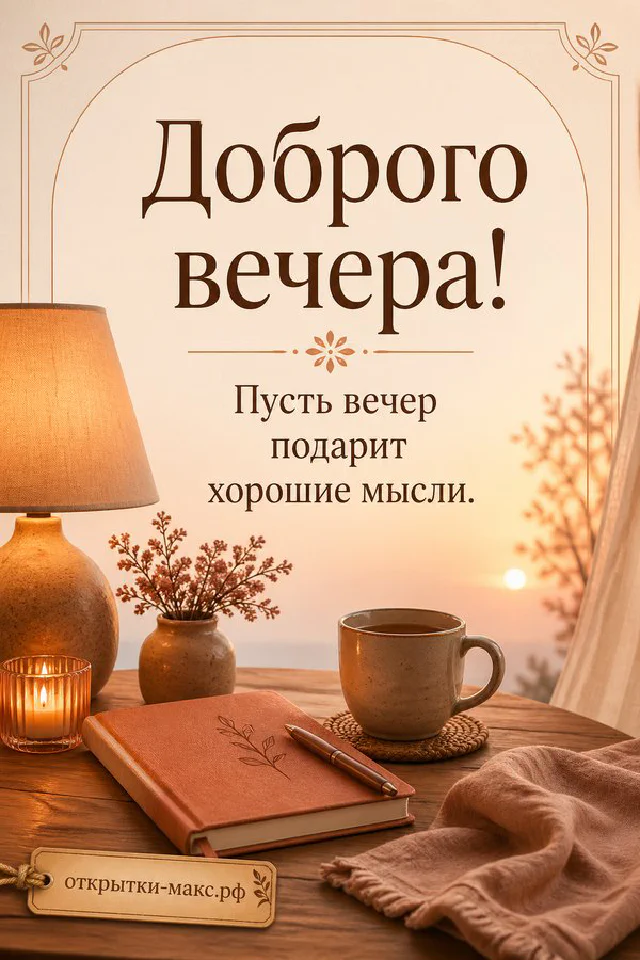 Зелёный конверт с восковой печатью, свеча и настольная лампа на деревянном столе, надпись «Доброго вечера» — вариант 3