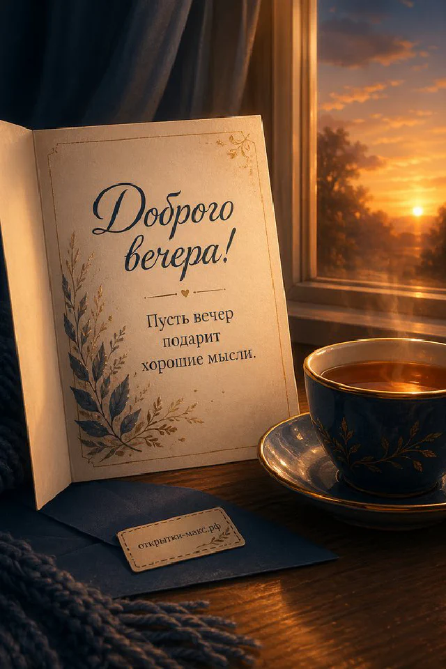 Зелёный конверт с восковой печатью, свеча и настольная лампа на деревянном столе, надпись «Доброго вечера» — вариант 4