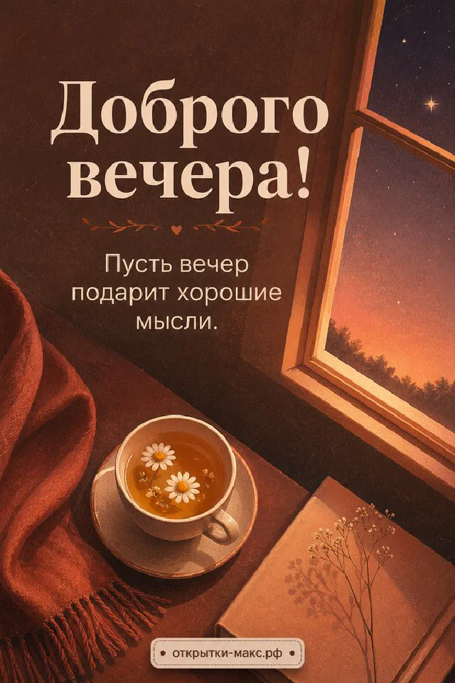 Зелёный конверт с восковой печатью, свеча и настольная лампа на деревянном столе, надпись «Доброго вечера» — вариант 5