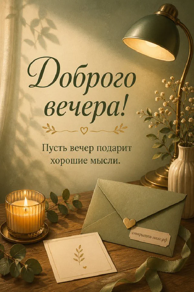 Зелёный конверт с восковой печатью, свеча и настольная лампа на деревянном столе, надпись «Доброго вечера» — вариант 6