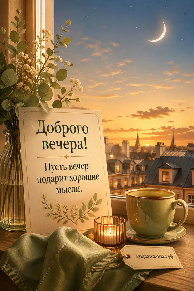 Зелёный конверт с восковой печатью, свеча и настольная лампа на деревянном столе, надпись «Доброго вечера» — вариант 7