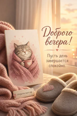 Иллюстрация котика в розовом пледе с кружкой какао, рядом тапочки с сердечком, надпись «Доброго вечера»