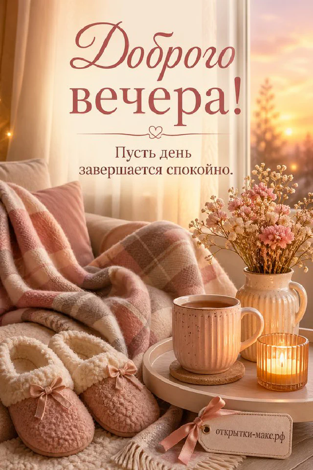 Иллюстрация котика в розовом пледе с кружкой какао, рядом тапочки с сердечком, надпись «Доброго вечера» — вариант 2